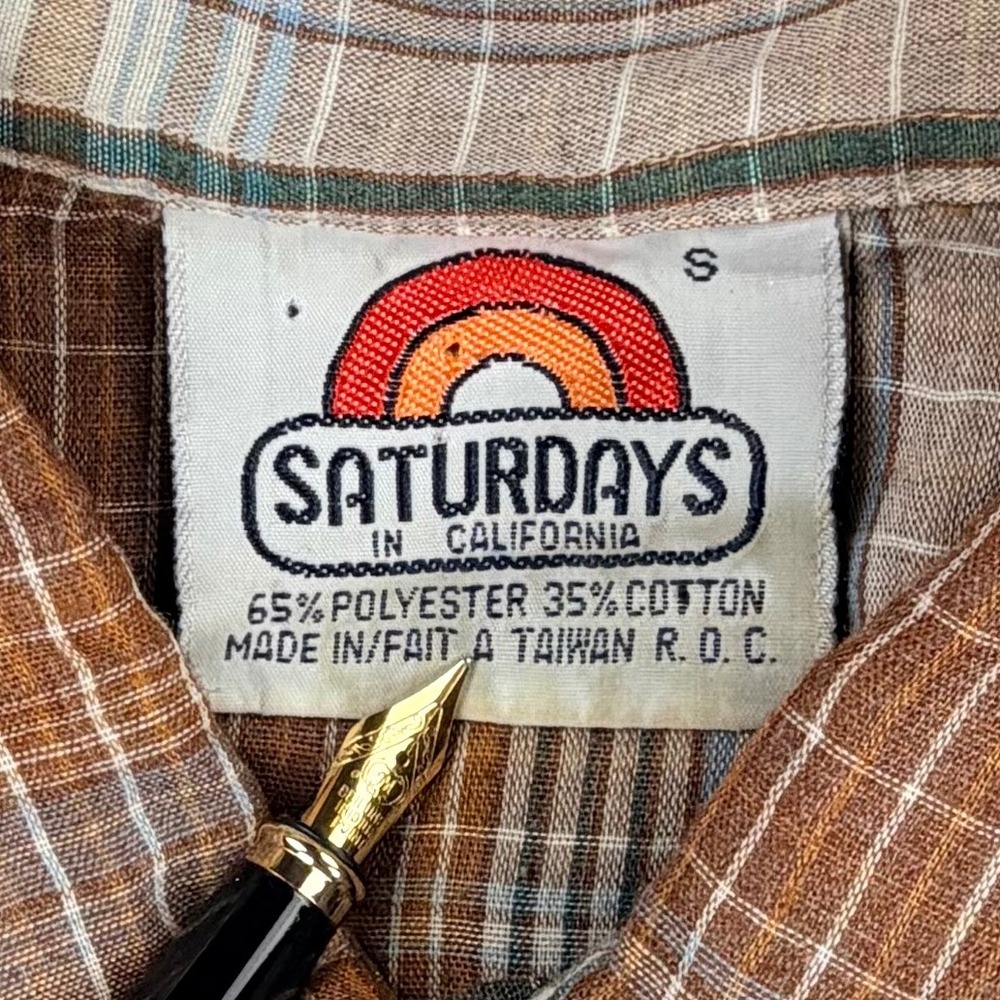 Saturdays California Western Pearl Snap Men SMALL Brown Plaid 70s 80s Vintage - Picture 3 of 9